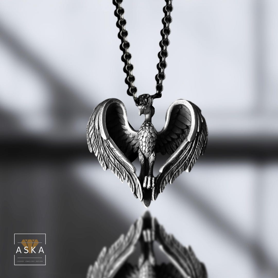 Winged Phoenix Necklace for Men, Handmade Sterling Silver Bird Pendant ...