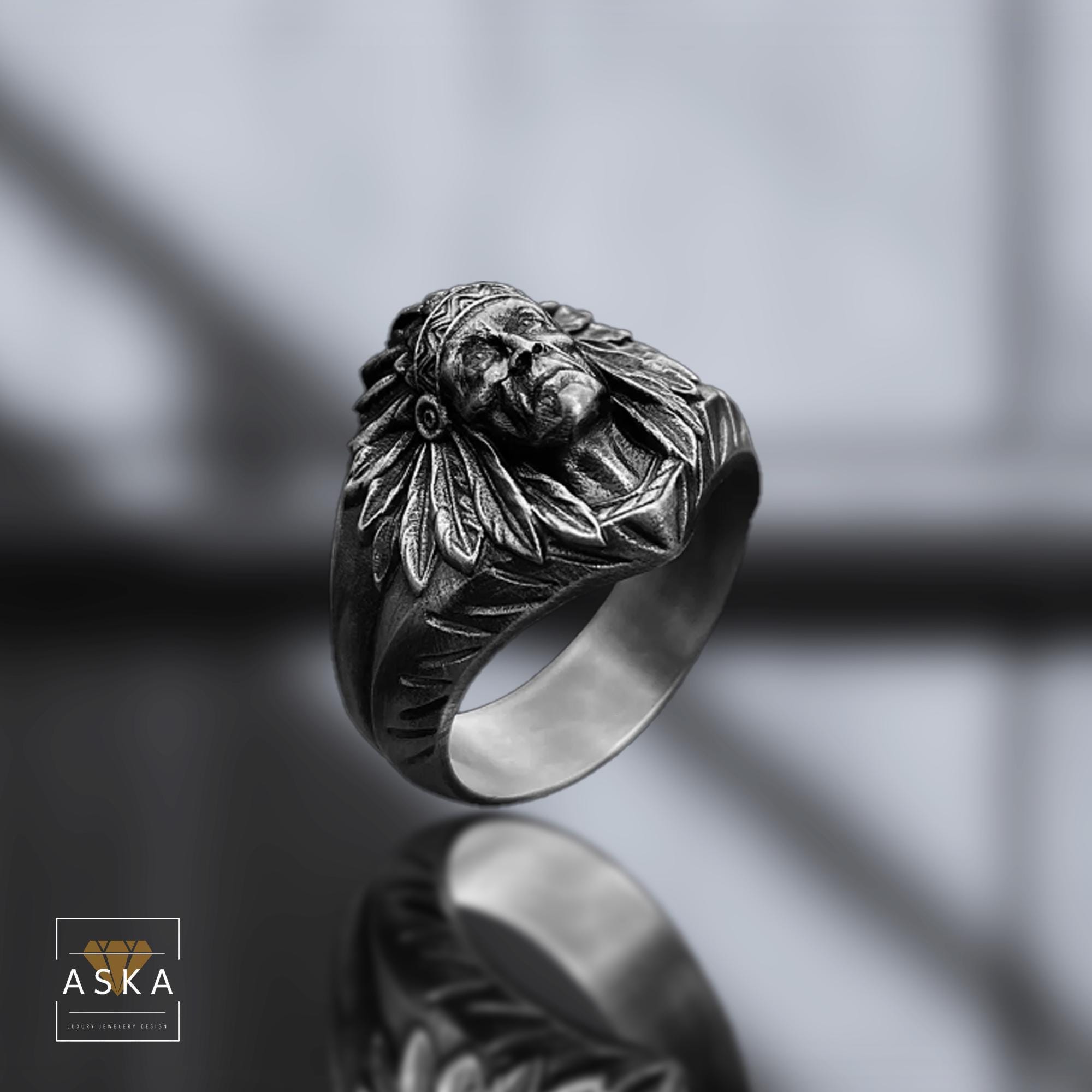 Handmade Sterling Silver American Indian Chief Ring: Native