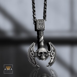 Viking Double-Headed Skull Axe Pendant - 925 Sterling Silver, Norse Warrior Necklace, Gothic Biker Jewelry for Men