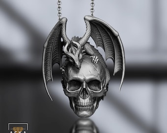 Dragon and Skull Pendant Necklace – Gothic Fantasy Sterling Silver Jewelry for Men & Women