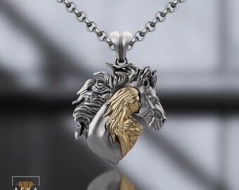 Two-Tone Sterling Silver Horse & Woman Pendant Necklace