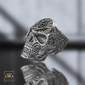Masonic Skull Ring – Sterling Silver Freemason Symbol Ring – Gothic Skull Jewelry for Men – Dark Brotherhood Statement Ring