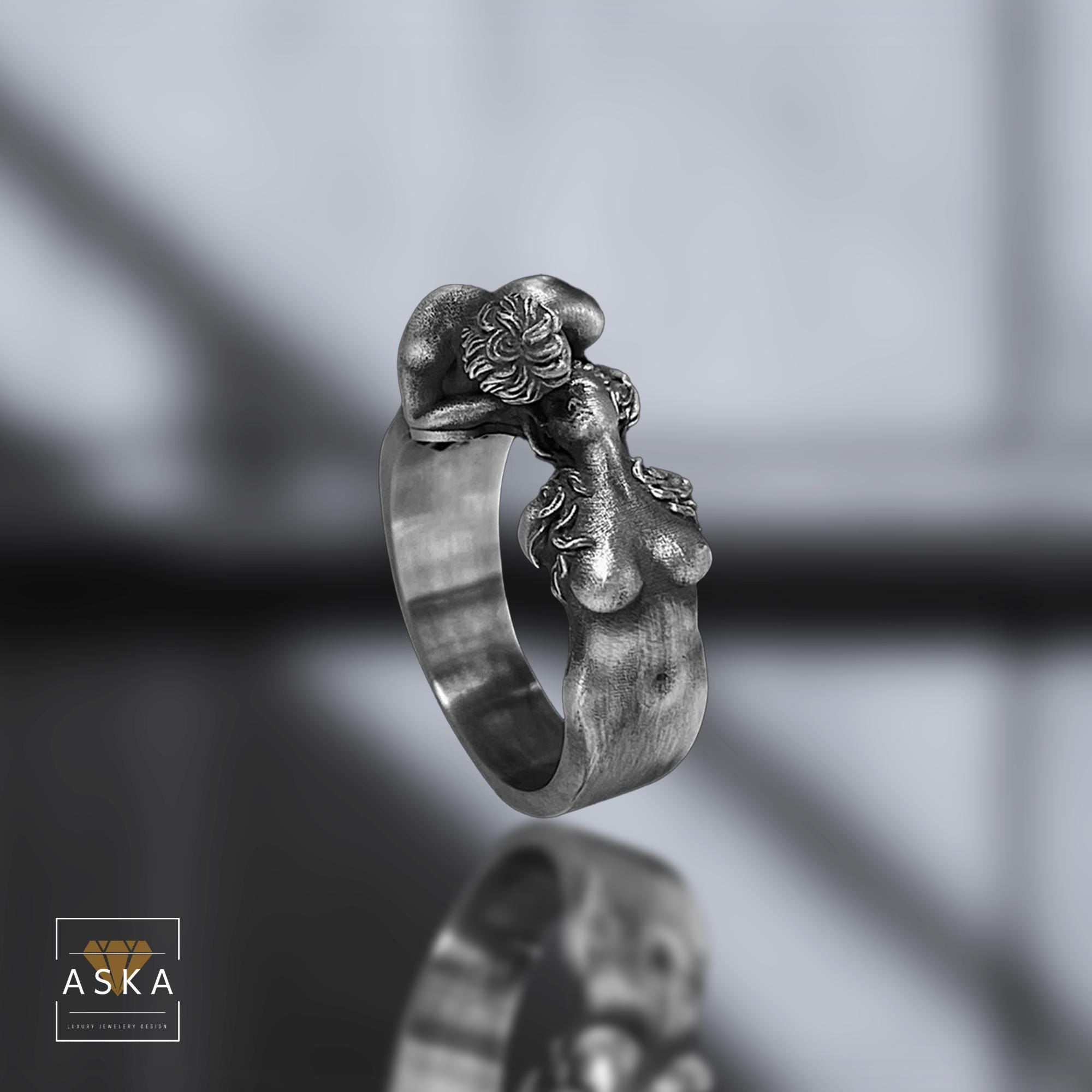 Verliebte Umarmung Ring - Sterling Silber Romantisches Paar Skulptur Band - Erotischer Handgemachter Kunst Schmuck - Leidenschaftliches Geschenk für Sie
