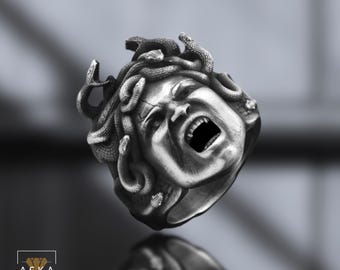 Sterling Silver Medusa Ring: Engraved Snake Gorgon, Gothic Jewelry