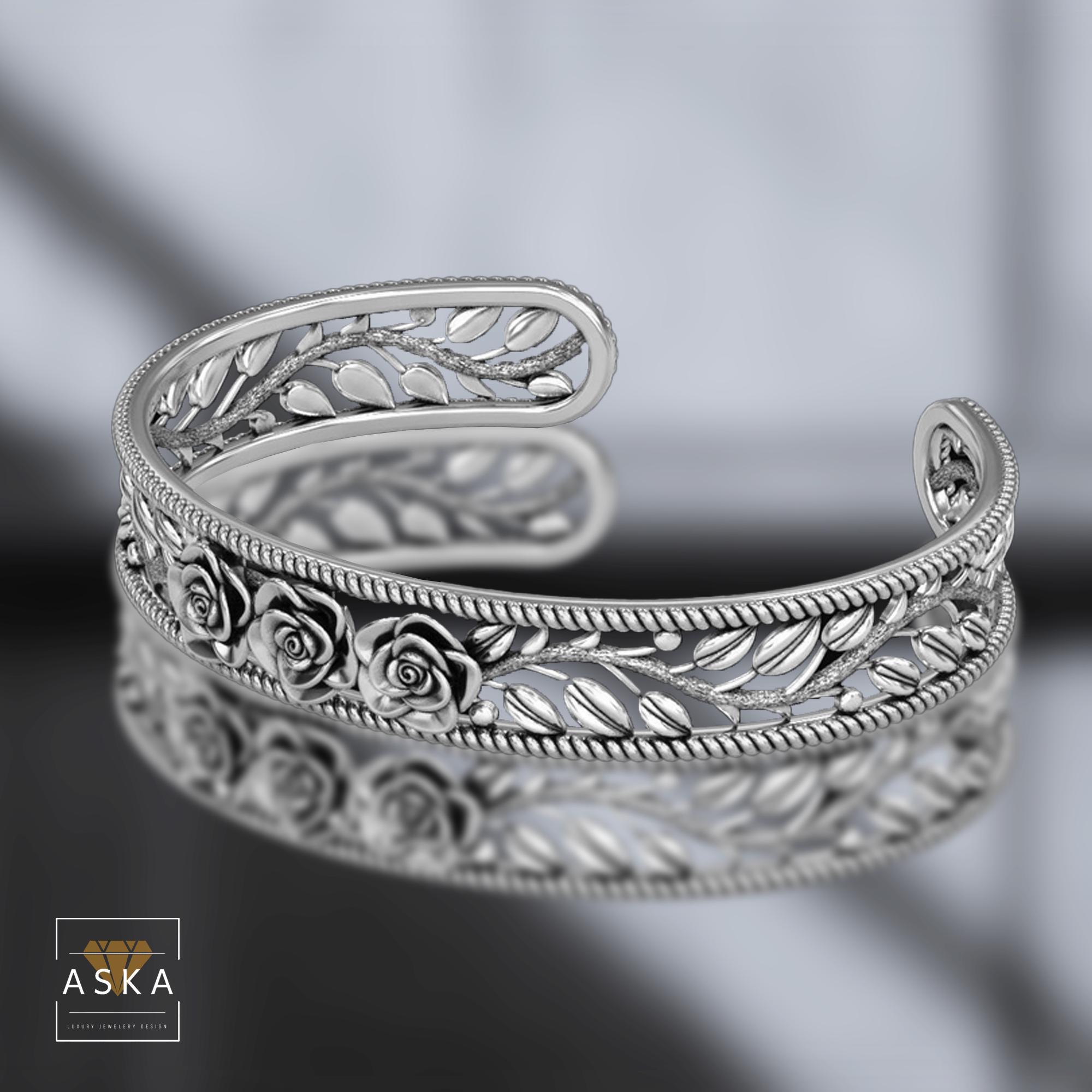 フローラルスターリングシルバーカフブレスレット：テクスチャード