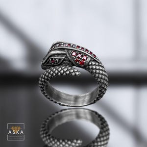 Könnte beinhalten: Ein silberner Ring mit einem detaillierten Drachen-Design. Der Kopf des Drachen ist mit roten Edelsteinen verziert.