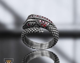Sterling Silver Serpent Ring: Ruby Eyes, Gothic Snake Jewelry