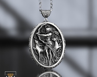 Greek Goddess Artemis 925 Sterling Silver Necklace – Handmade Oval Pendant – Huntress Diana Locket – Mythology Jewelry Gift for Her