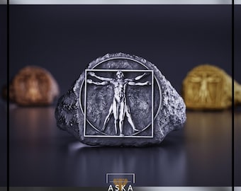 Vitruvian Man Sterling Silver Signet Ring: Renaissance Art