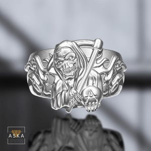 Grim Reaper Ring – Sterling Silver Skull Scythe Band – Gothic Death Symbol Ring – Reaper Skull Ring for Men – Dark Statement Gift