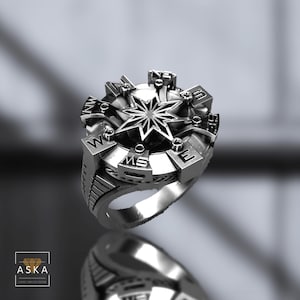 Compass Ring – 3D Engraved North Star Men&#39;s Ring – Directional Symbol Ring – Statement Nautical Jewelry – 8 Pointed North Star Signet Ring
