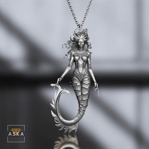 Siren Pendant Necklace – Handmade Mermaid Jewelry – Mythical Sea Creature – Gothic Fantasy Silver Necklace – Statement Ocean Necklace