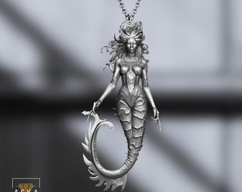 Sterling Silver Siren Necklace: Gothic Mermaid Pendant, Fantasy Jewelry