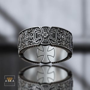 Silver Maltese Templar Cross Band Ring – Wide Engraved 925 Sterling Silver Ring – Handmade Religious Wedding Band for Men