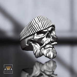 Handmade Boxer Bearded Sterling Silver Men Biker Ring Boyfriend Gifts, Skull Goth Punk Boho Rings Jewelry, Men&#39;s Skull Ring Gift for Him