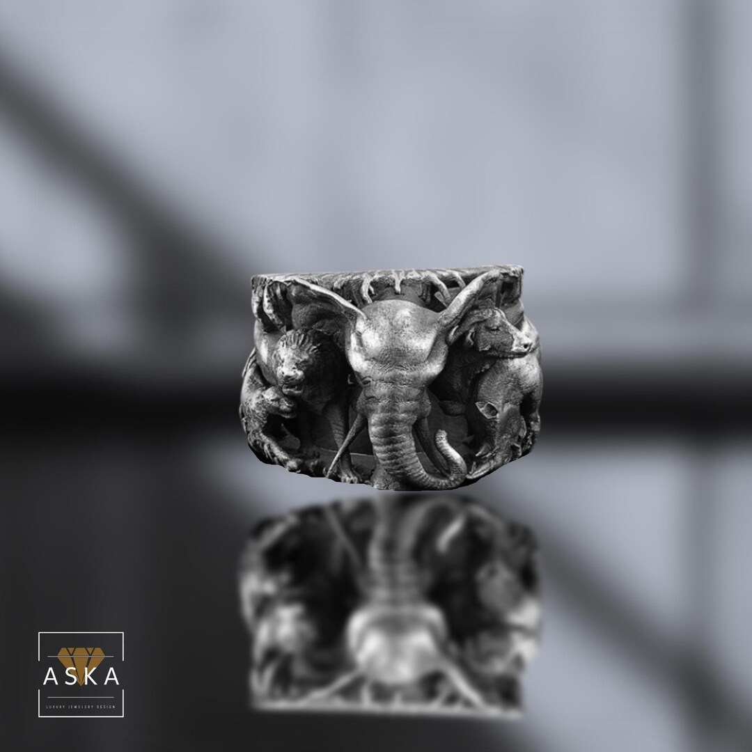 African African Bush Elephant Men's Ring, Men's Lion Ring, Silver ...