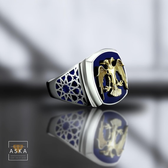 Anello Massonico Uomo Con Doppia Testa D&rsquo;Aquila 32&deg; &ndash; Acciaio Inox 316L &ndash; Vintage