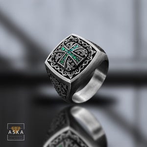 Maltese Gemstone Christian Signet Cross Ring, Green Zircon Templer Symbol Ring, Sterling Silver Catholic Signet Rings, Christian Jewelry