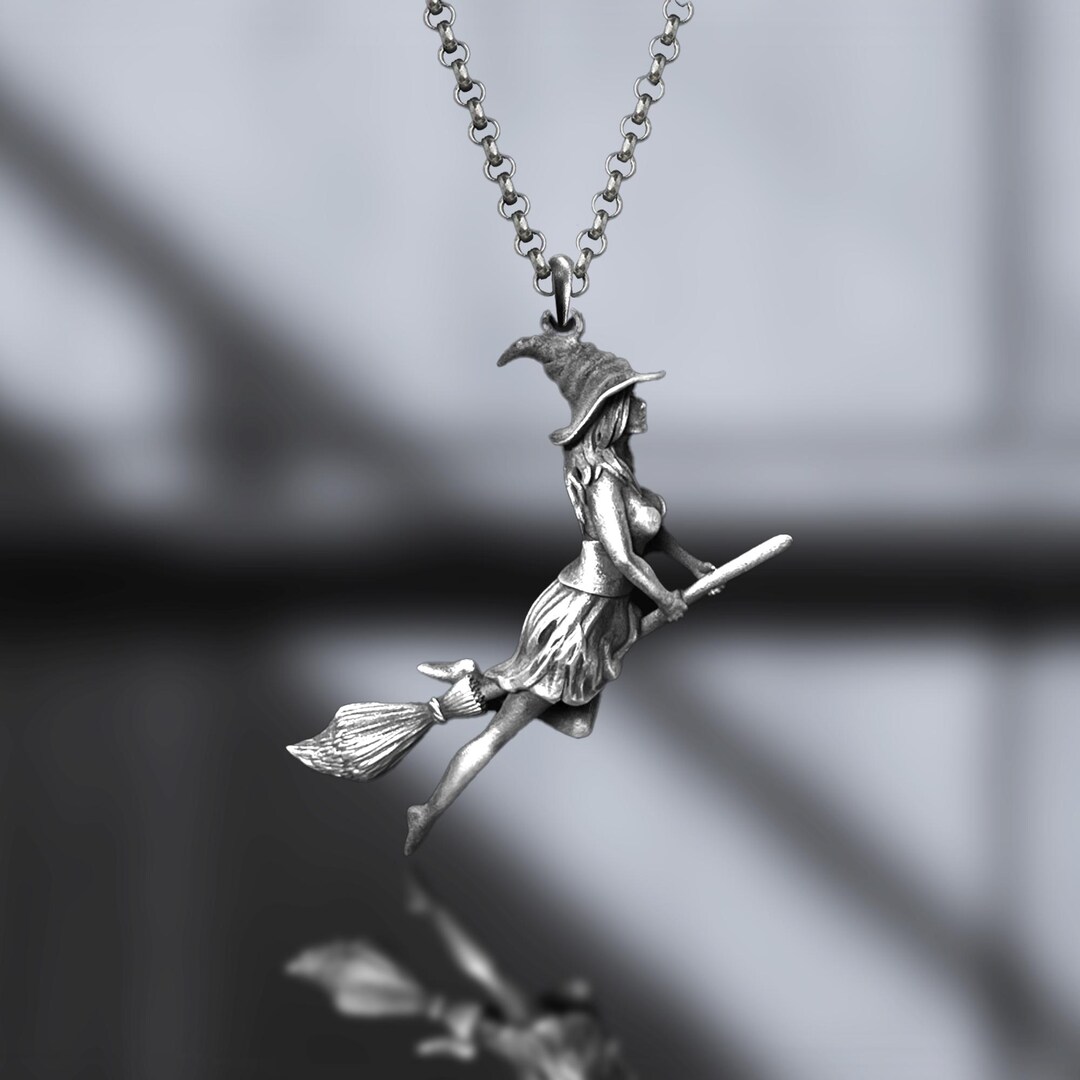Sterling Silver Witch Pendant Necklace: Broomstick Halloween Jewelry - Etsy