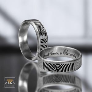 Fingerprint Wedding Bands – Customizable Sterling Silver Rings – Personalized Couple Rings – Engraved Matching Rings for Him and Her