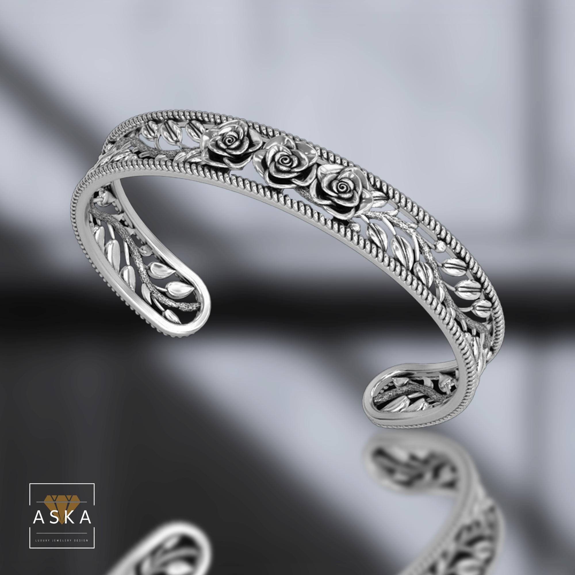 フローラルスターリングシルバーカフブレスレット：テクスチャード