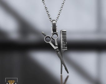 Sterling Silver Scissors and Comb Necklace – Hairdresser Barber Jewelry Gift