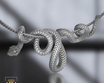 Silver Snake 925K Necklace, Sterling silver Serpent Necklace for woman, Gift for girlfriend,Animal Necklace, Snake Silver Engraving Necklace