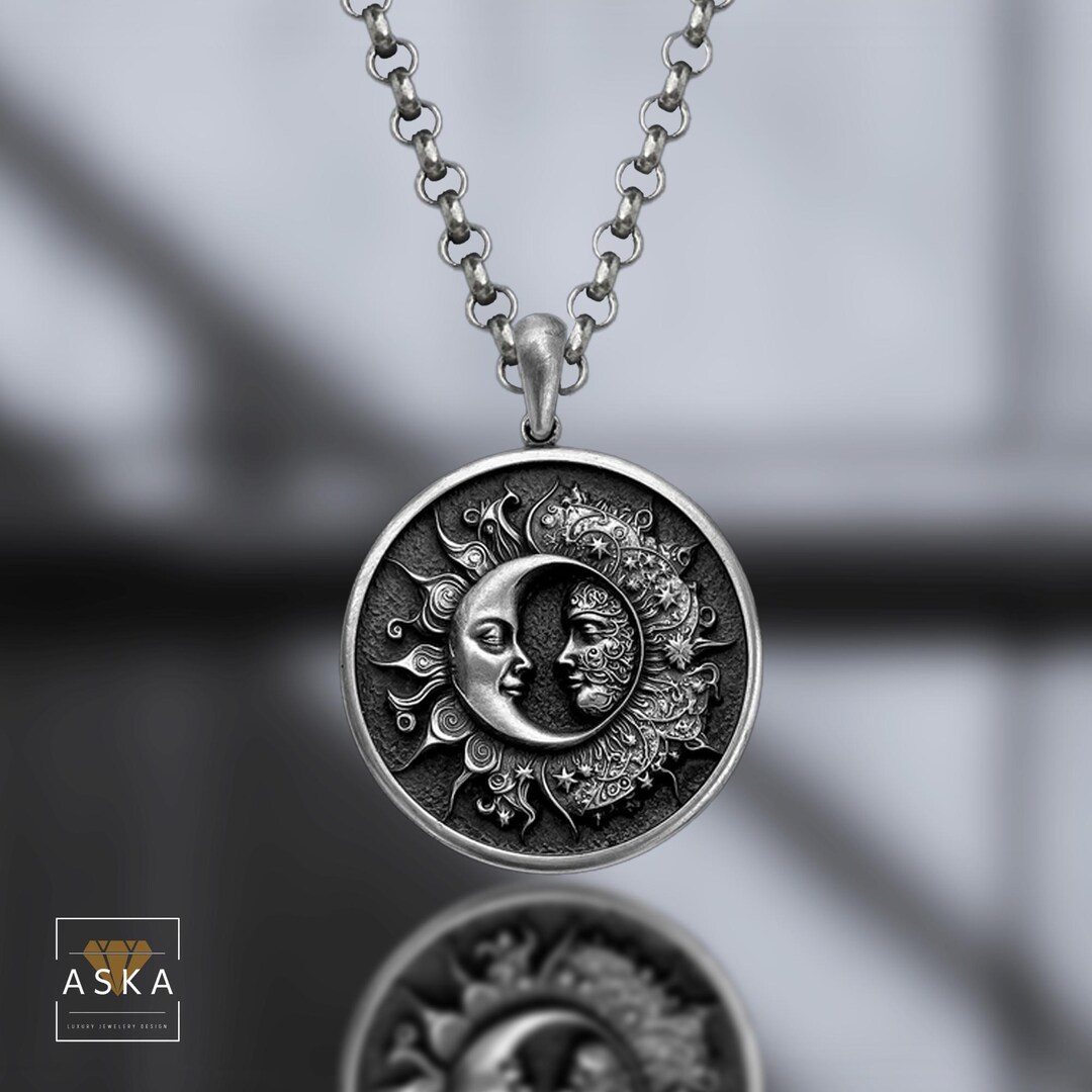 Sterling Silver Sun Moon Necklace, Oxidized Celestial Medallion Pendant ...
