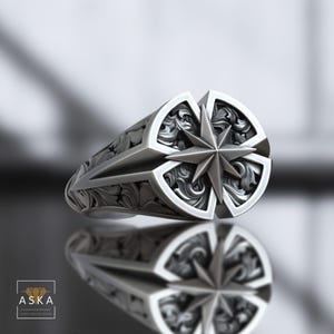 Sterlingzilveren windroosring – 925 kompasroos-ring voor heren – nautisch cadeau – geoxideerde verstelbare statementring