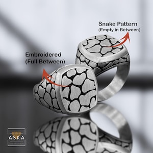 925 Sterling Silver Snake Pattern and Engraved Signet Rings for Men, Unique Engraved Sterling Silver Snakeskin and embroidered Men&#39;s Ring