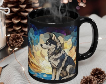 Siberian Husky under the Celestial night sky Stained glass design Mug Dog Black Ceramic Mug design Home Dog Owner Dog Mom Dad Coffee cup