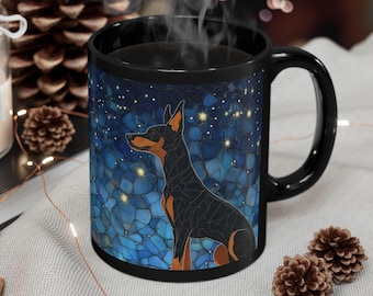 Doberman under the Celestial starry night sky Stained glass design Mug Dog Black Ceramic Mug design Home Dog Owner Dog Mom Dad Coffee cup