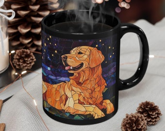 Golden retriever under the Celestial night sky Stained glass design Mug Dog Black Ceramic Mug design Home Dog Owner Dog Mom Dad Coffee cup