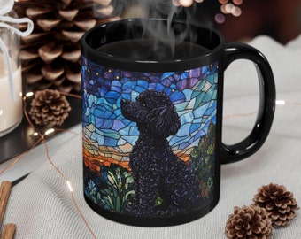 Cute poodle under the Celestial starry night sky Stained glass design Mug Dog Black Ceramic Mug design Home Dog Owner Dog Mom Dad Coffee cup