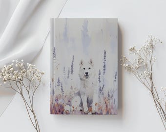 White Siberian Husky Dog Flower field Lavender Floral Matte Hard Cover Aesthetic Lined Ruled Journal Diary Budget List Planner Notebook Gift