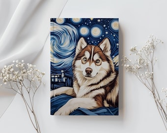 Brown Wooly Siberian Husky Starry night Celestial  Matte Hard Cover Journal Diary Budget List Notebook Lined Gift for dog lover retriever