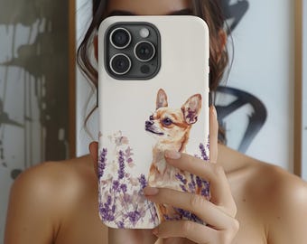 Estuche rígido para teléfono con diseño floral de lavanda y chihuahua, resistente a impactos, para mamá perro, diente de león, para iPhone, Samsung y Google.