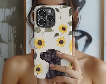 Funda resistente para teléfono con diseño de flor de labrador negra, funda para teléfono con diseño de labrador, resistente a impactos, carga inalámbrica, funda para iPhone, Samsung y Google.