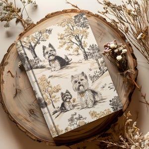 Yorkie Yorkshire Terrier Elegant Toile De Jouy Style Print Dog Hard Cover Lined Ruled Journal Planner Diary Notebook Budget Labrador Mom Gif