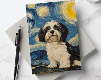 May include: A black and white Shih Tzu dog is painted in the style of Vincent van Gogh's Starry Night. The dog is sitting on a blue and yellow background with swirling brushstrokes.