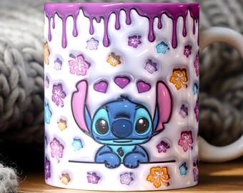 3D Stitch Mug Wrap, Stitch PNG, 11OZ Mug Sublimation Wrap 3D Stitch Mug, 11OZ Mug Wrap, 15OZ Mug Wrap, 3D Coffee Puffy Mug, Digital Download