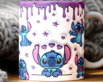 3D Stitch Mug Wrap, Stitch PNG, 11OZ Mug Sublimation Wrap 3D Stitch Mug, 11OZ Mug Wrap, 15OZ Mug Wrap, 3D Coffee Puffy Mug, Digital Download