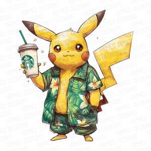 Pikachu Summer Drink Png, Pikachu Coffee Cup Png, Pikachu Tropical Outfit Png, Pikachu Vacation Png, Pikachu Cute Drink Png