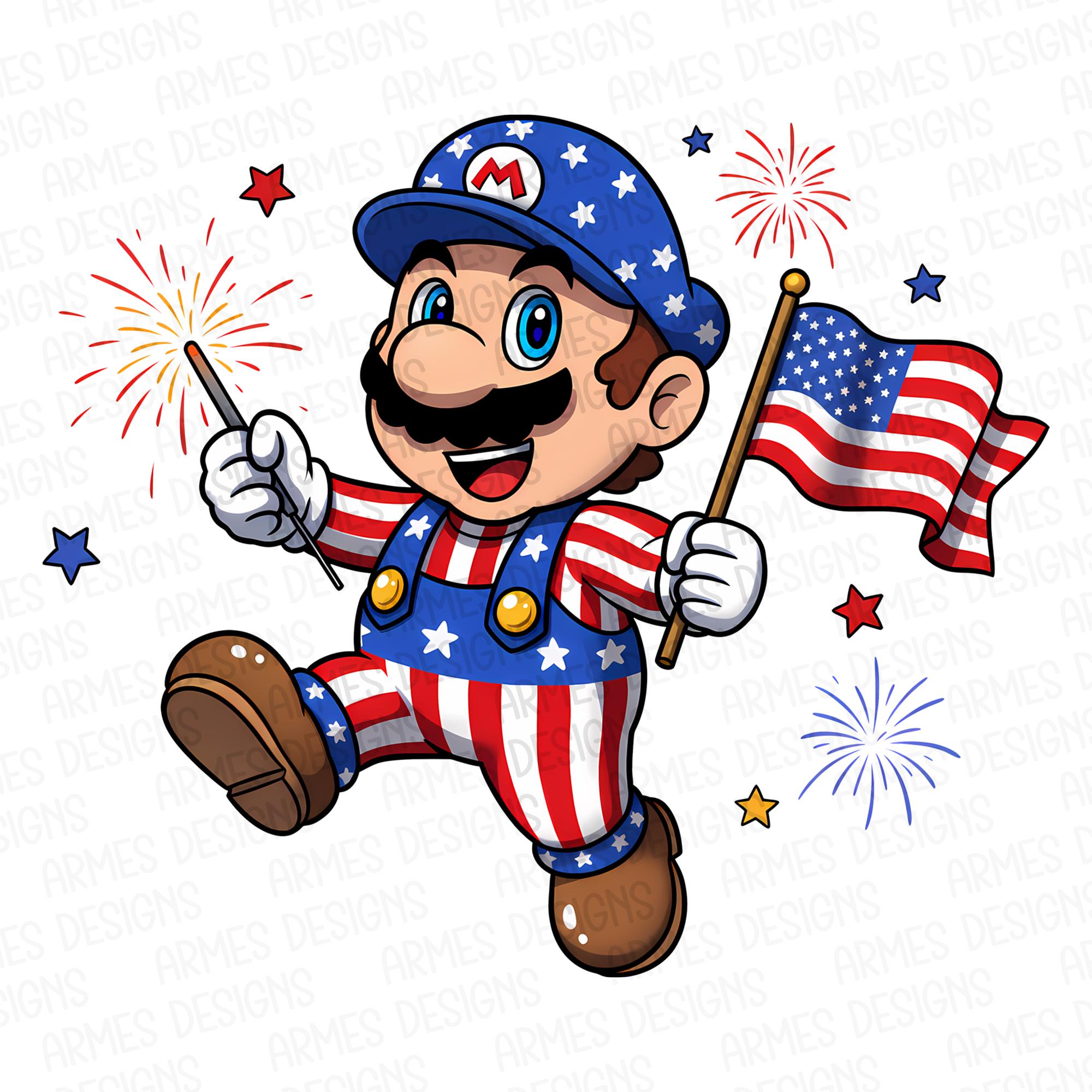 Fourth Of July Mario Png, Mario Png, Usa Mario Png, American Flag Mario Png, Independence Day Mario Png, Cute Mario Png, Fireworks Mario Png