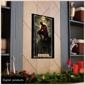 Cartaz de Tarô do Julgamento do Demolidor | Impressão Digital de Decoração Mística da Marvel | Arte de Parede de Super-heróis | Produto digital de pôster | Carta de Tarô Número 20