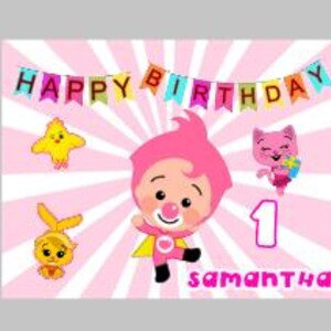May include: A pink birthday card with cartoon characters and the text "HAPPY BIRTHDAY" on a banner. The card features a central character with a clown nose, a star, a cat, and a bunny. The number "1" and the name "SAMANTHA" are also displayed.