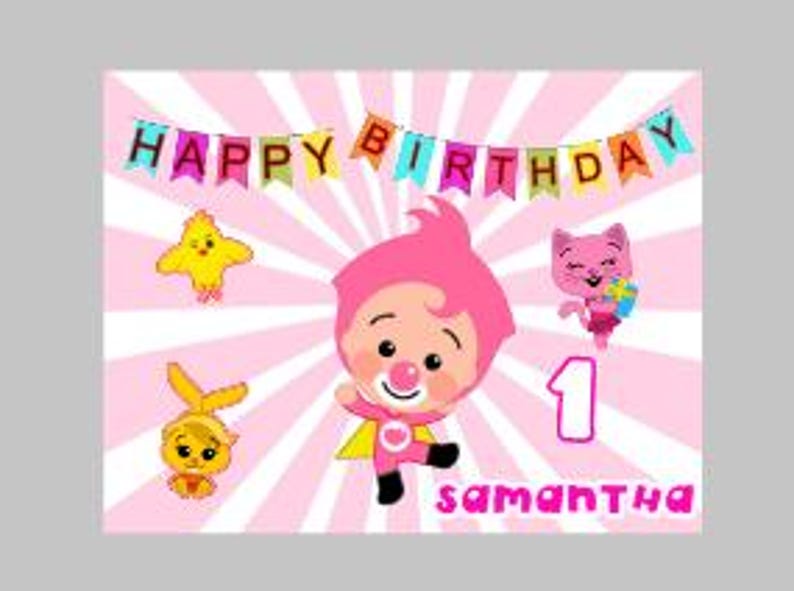 May include: A pink birthday card with cartoon characters and the text "HAPPY BIRTHDAY" on a banner. The card features a central character with a clown nose, a star, a cat, and a bunny. The number "1" and the name "SAMANTHA" are also displayed.