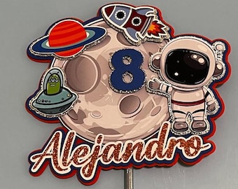 Personalized Space Cake Topper: Astronaut, Rocket Birthday Decoration