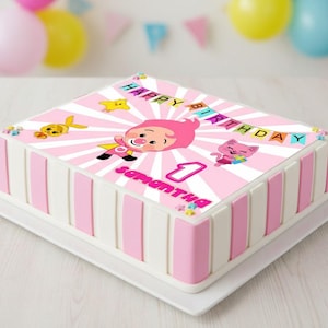 May include: A square birthday cake with pink and white stripes. The top features a pink design with cartoon characters, the words "HAPPY BIRTHDAY" and the name "Samantha". A number 1 is also visible.
