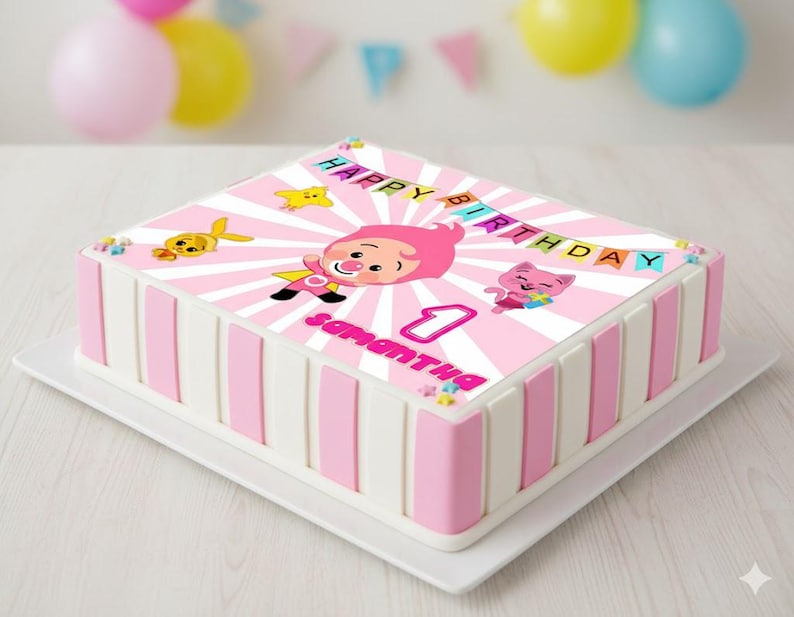 May include: A square birthday cake with pink and white stripes. The top features a pink design with cartoon characters, the words "HAPPY BIRTHDAY" and the name "Samantha". A number 1 is also visible.